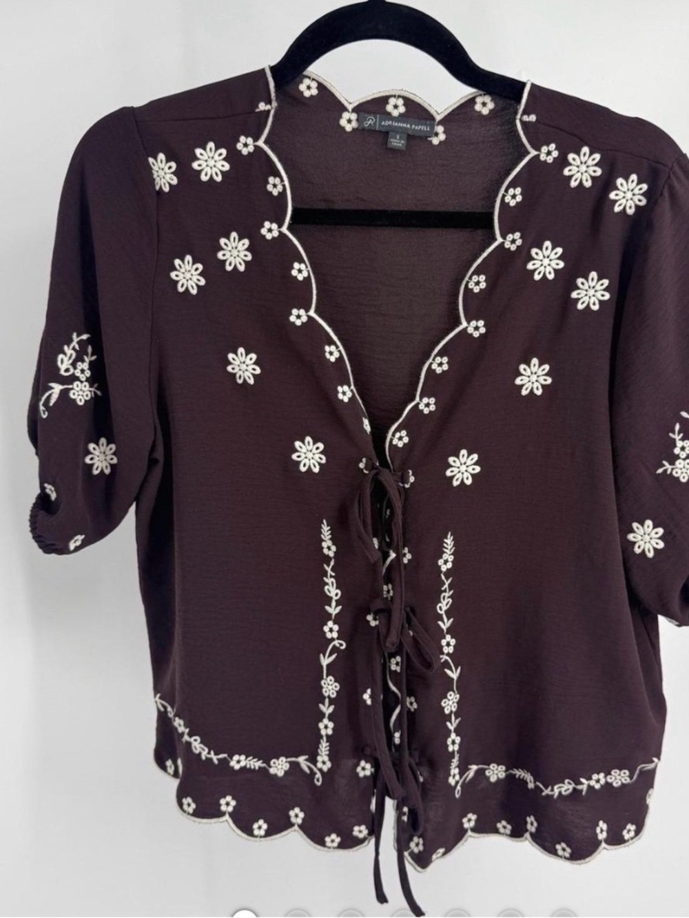 Adrianna Papell Brown Button-Down Top with White Floral Embroidery